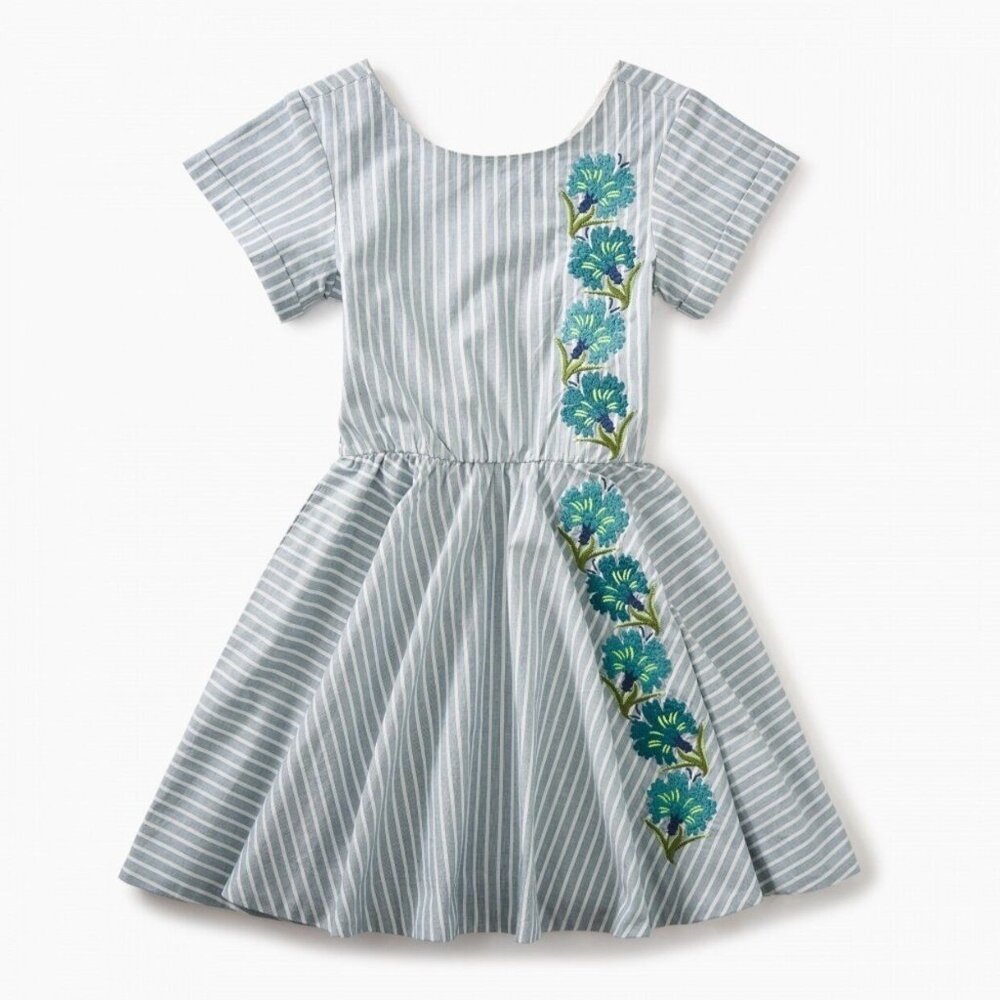 NWT Tea Collection Floral Embroidered Dress Striped Blue White Size 2